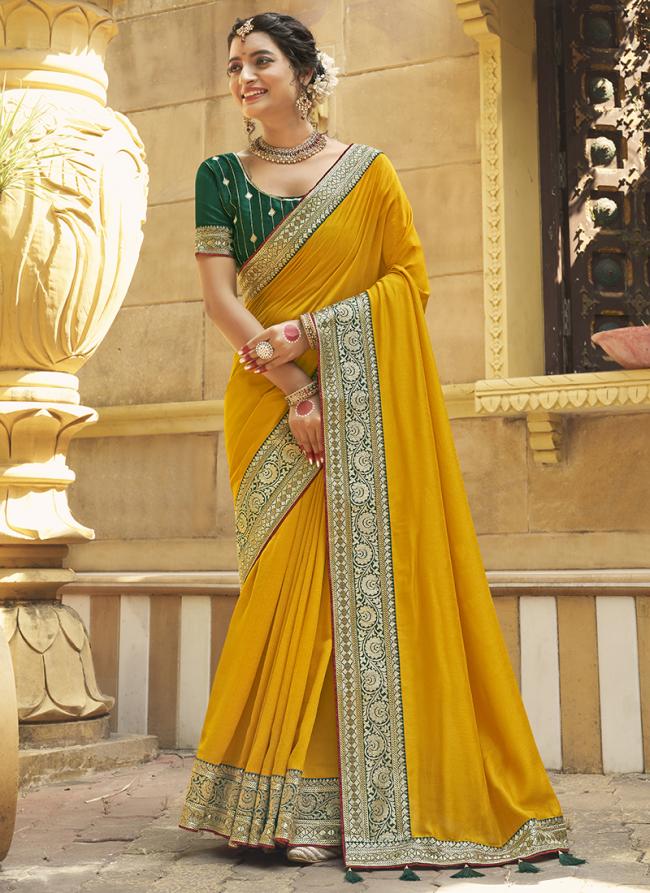 Vichitra Silk Yellow Festival Wear Embroidery Work Saree